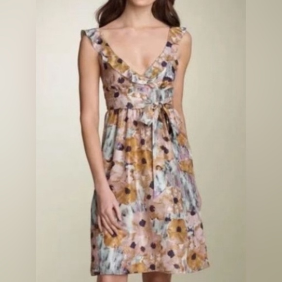 Theory Pastel Watercolor Floral 100% Silk Ruffle Tie Waist Dress 4 - Picture 2 of 14